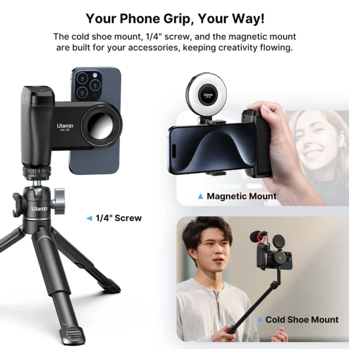 kf-S8713e35a86684bcd8a284cd396d260d2S-Ulanzi-MA35-MagSafe-Smartphone-Camera-Shutter-Grip-Bluetooth-Selfie-Handle-As-Camera-Photo-Stabilizer-Vertical-Horizontal ProGrip MagSafe Selfie Stabilizer